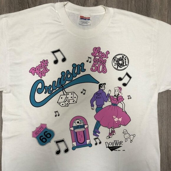 Vintage Size Medium 50s Sock Hop Doo Wop T Shirt Short Sleeve White Top Juke Box - Picture 2 of 10